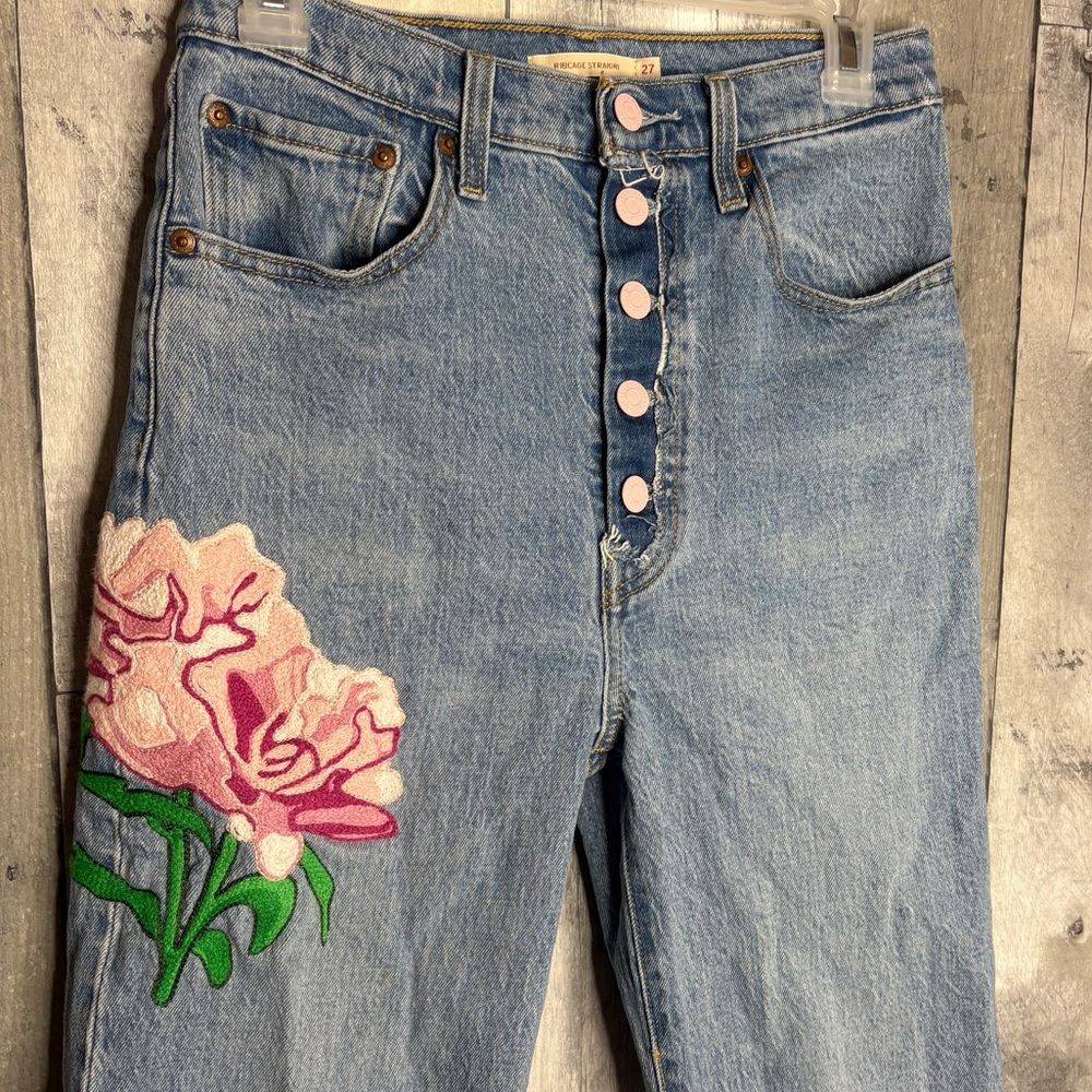 Levi's Jeans Ribcage Straight pink Floral embroidered custom women’s size 27 - Picture 8 of 8